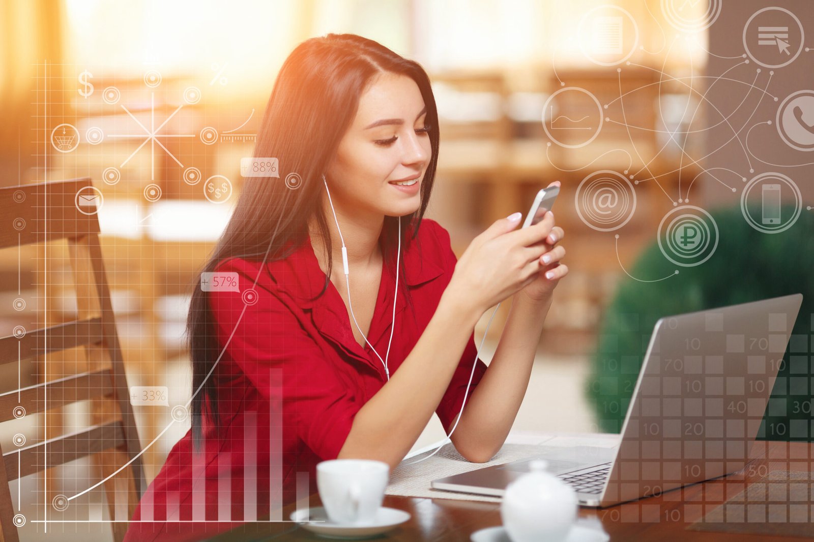 Young business woman using phone in coffee shop. Successful business woman. Business infographic